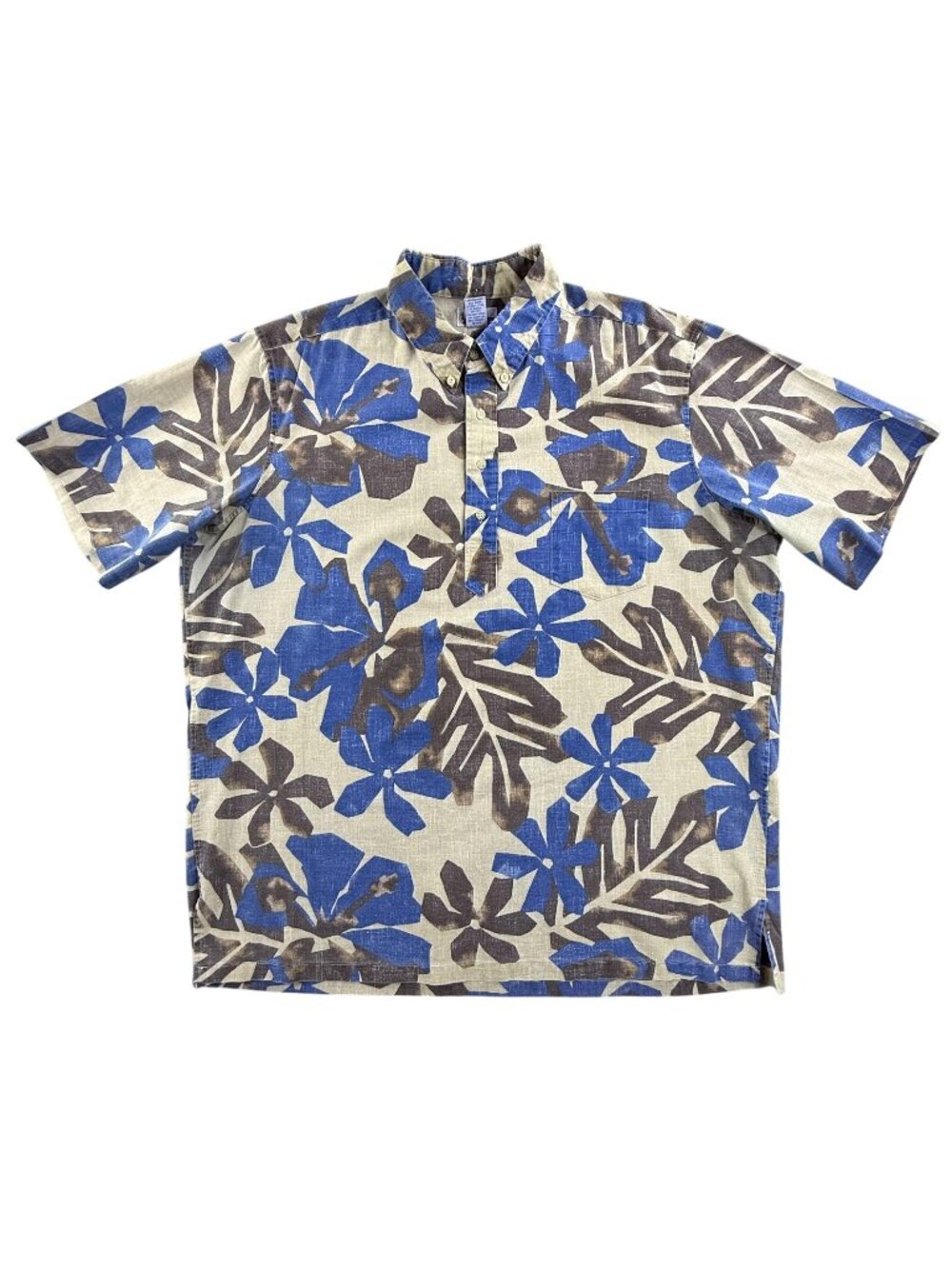 Vintage Reyn Spooner Shirt Men 2XL Tan Blue Floral Hawaiian Popover Short Sleeve